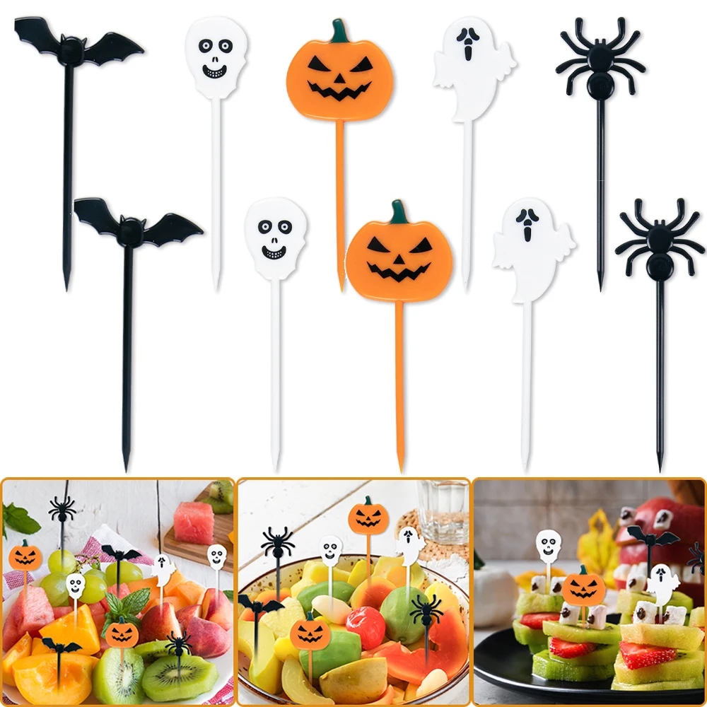 10/20pcs Plastic Halloween Toothpicks Halloween Cupcake Topper Ghost Bat Spider Fruit Toothpicks Halloween Party Decoration 2024