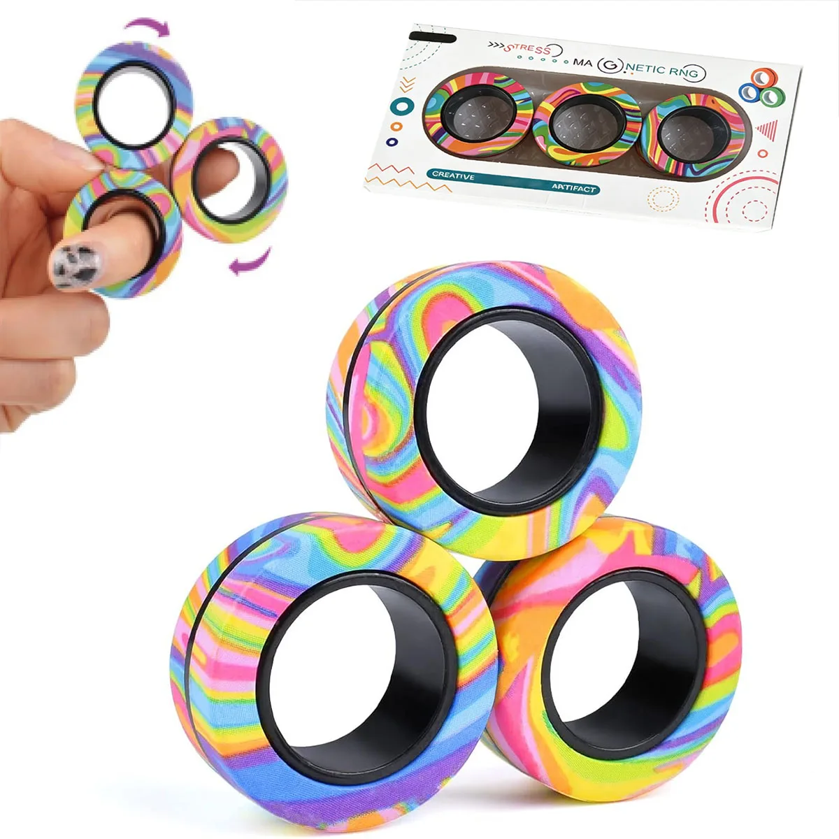 Magnetic Fidget Rings Set 3Pcs with Gift Box – Fidget Spinner Rings for Calm & Focus, Sensory Aid for Teens & Adults Easter Gift