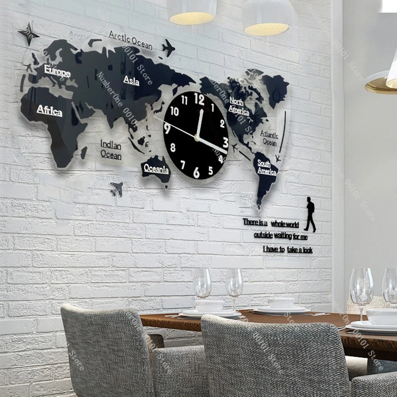 Nordic modern minimalist creative world map wall clock, living room luminous decorative clock acrylic 3D wall clock - view 3