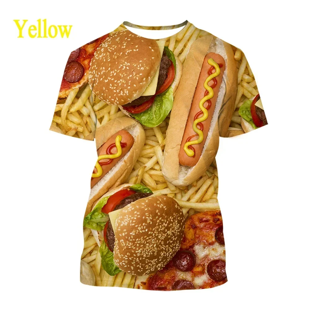 Men's and women's T-shirt with round neck, hot summer, chips, burger, fast food, fun 3D printing, leisure fashion, 2024