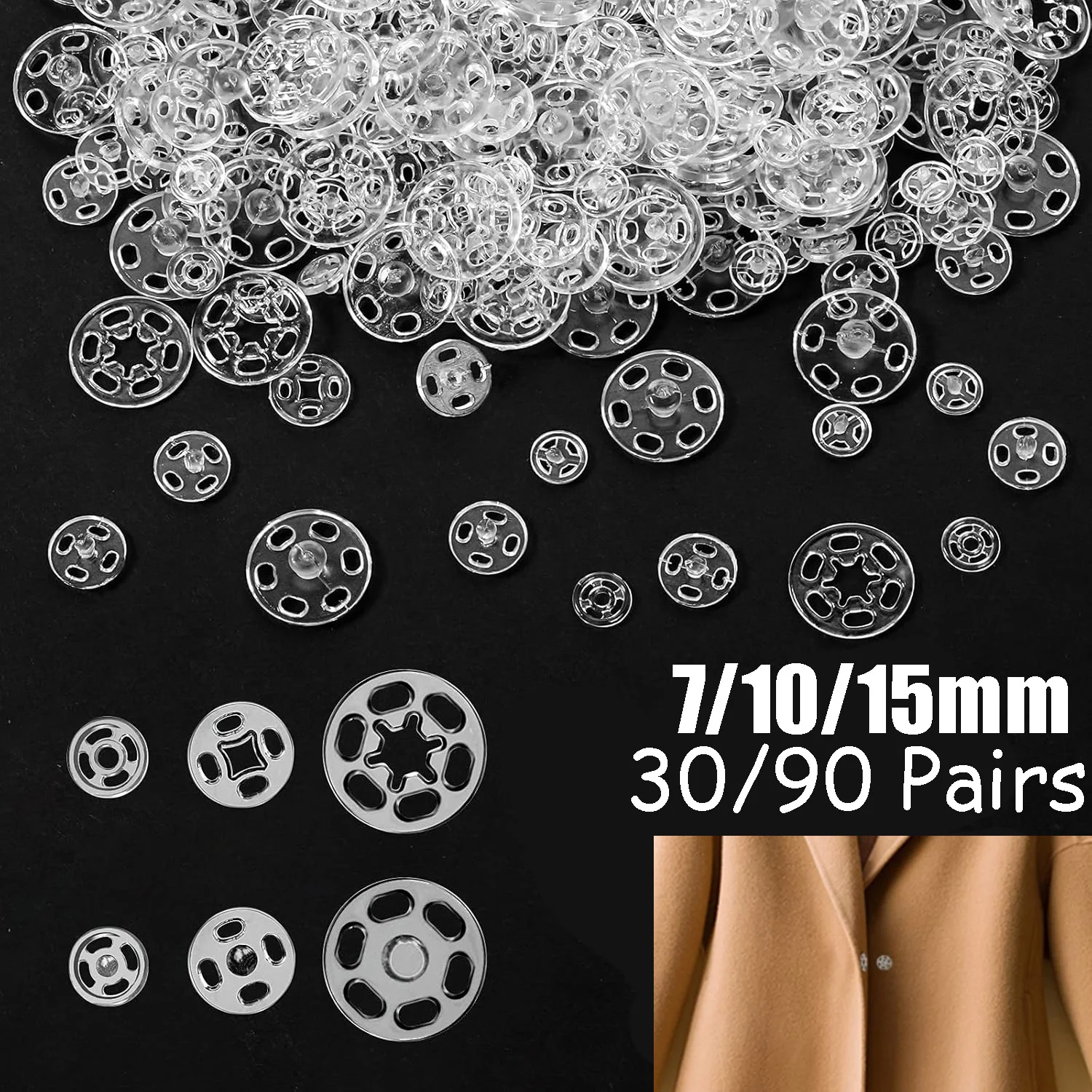 30/90Sets Plastic Sew-on Snap Buttons Invisible Snap Fasteners Buttons Round Clear Press Button for Sewing Clothing DIY Craft