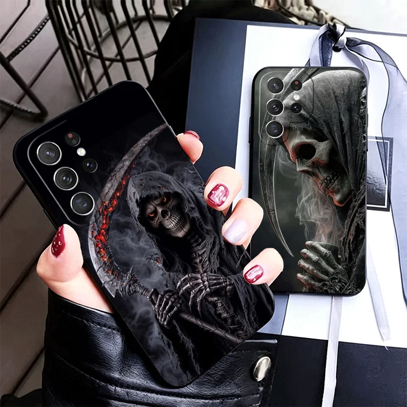 Death Grim Reaper Skull Scythe Silicone Phone Case for Samsung Galaxy S24 S26 Ultra S25 Edge S23 Plus S22 + S21 S20 FE 5G Black