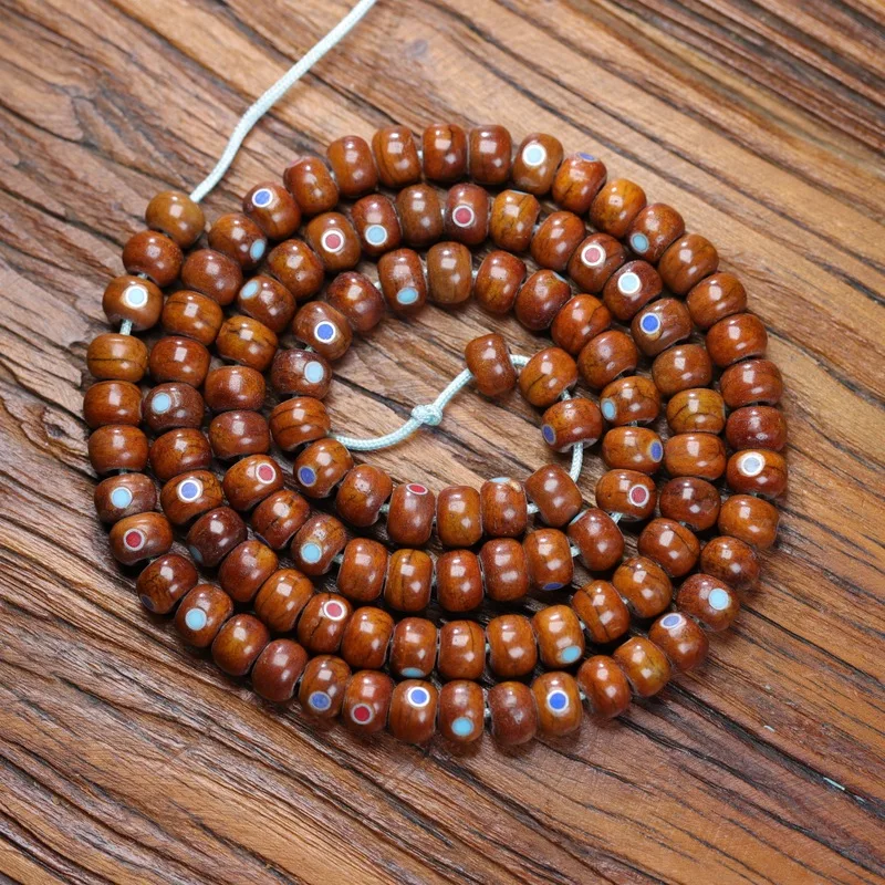Natural barrel beads inlaid with multi-gemstone 108-bead Buddhist bracelet Tibetan style jade-like