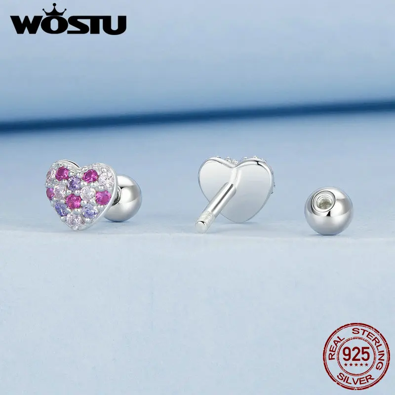 WOSTU 925 Sterling Silver Rainbow Love Heart cz Stud Earrings plated White Gold With Zircon For Women Party Gift Fine Jewelry