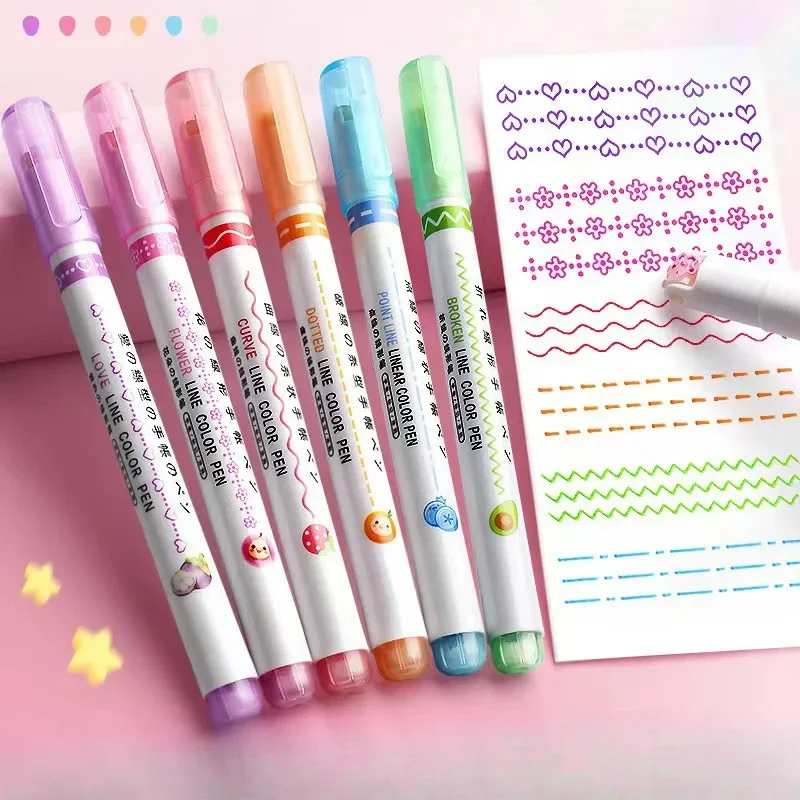 6 개/대 꽃 모양 개요 펜 형광펜 마커 곡선 롤러 팁 펜 귀여운 편지지 낙서 학교 Acsesories
