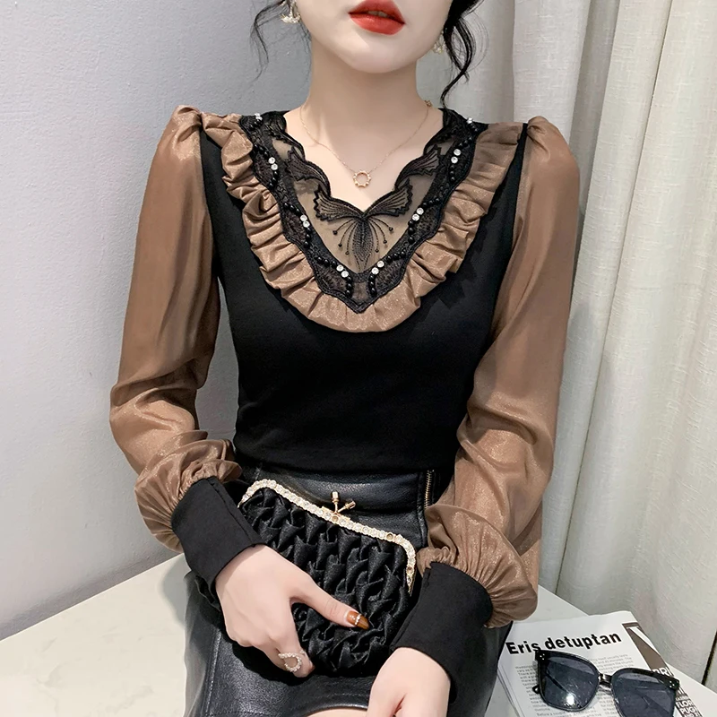 Autumn Long Sleeved Ruffles Women Chiffon Shirt Lace patchwork Hollow Top Fashionable Contrasting Color Nail Beads Blouses