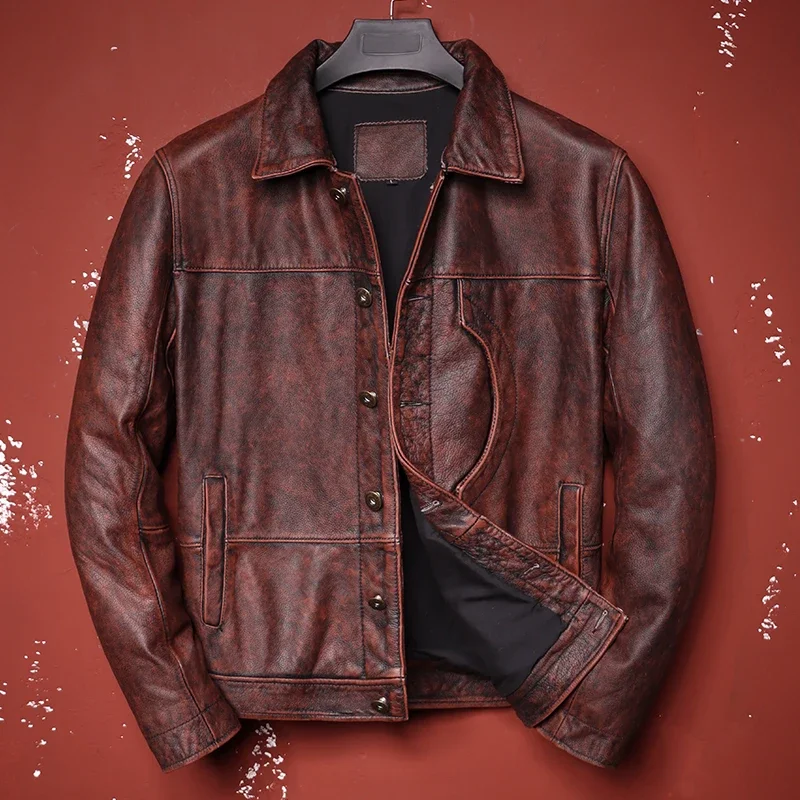 2025 New Vintage Brown Style Men's Genuine Leather Jacket Cowhide Slim Cowboy Coat Short Fashion Personalized Clothes Size S-4XL