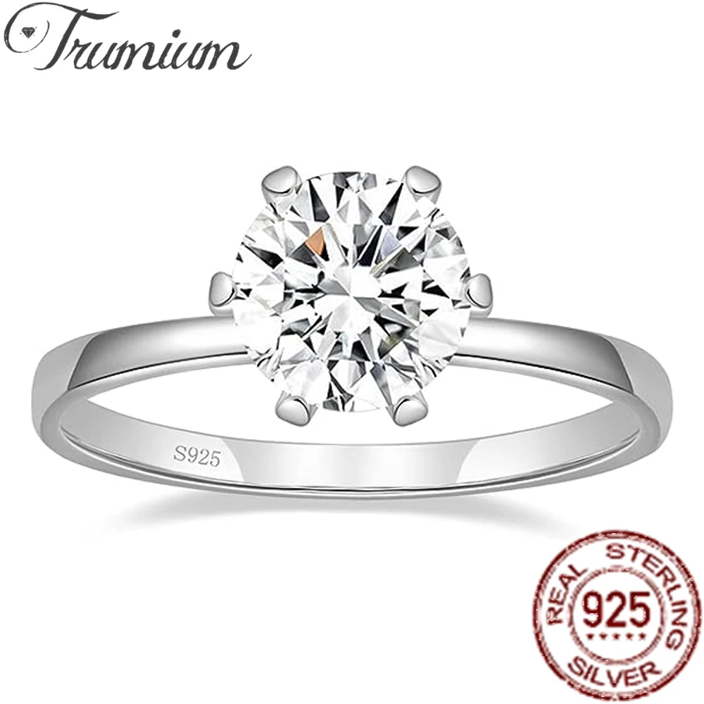 

Trumium New 2ct 5A Round Zircon Rings for Women Trendy Women's S925 Silver Classic Six-prong Setting Ring Wedding Jewelry