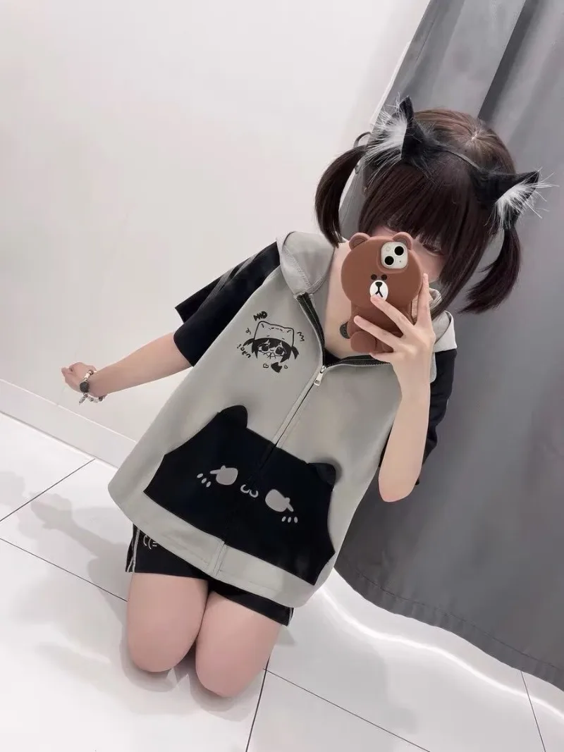 

Summer New Adolescent Clothes Cat's Ears Japanese Cute Zip Up Hoodie Sweet Anime Sports Short Sleeve Tops Shorts Set for Student