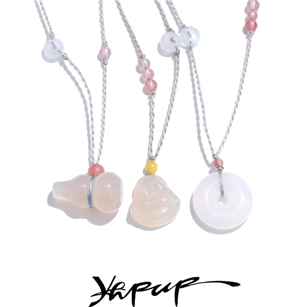 Yhpup Biżuteria rodzinna unisex w stylu chińskim Szczęście Bogactwo Życie Życzenia Unikalny wisiorek z kamienia naturalnego Naszyjnik z chalcedonu Mężczyźni Kobiety