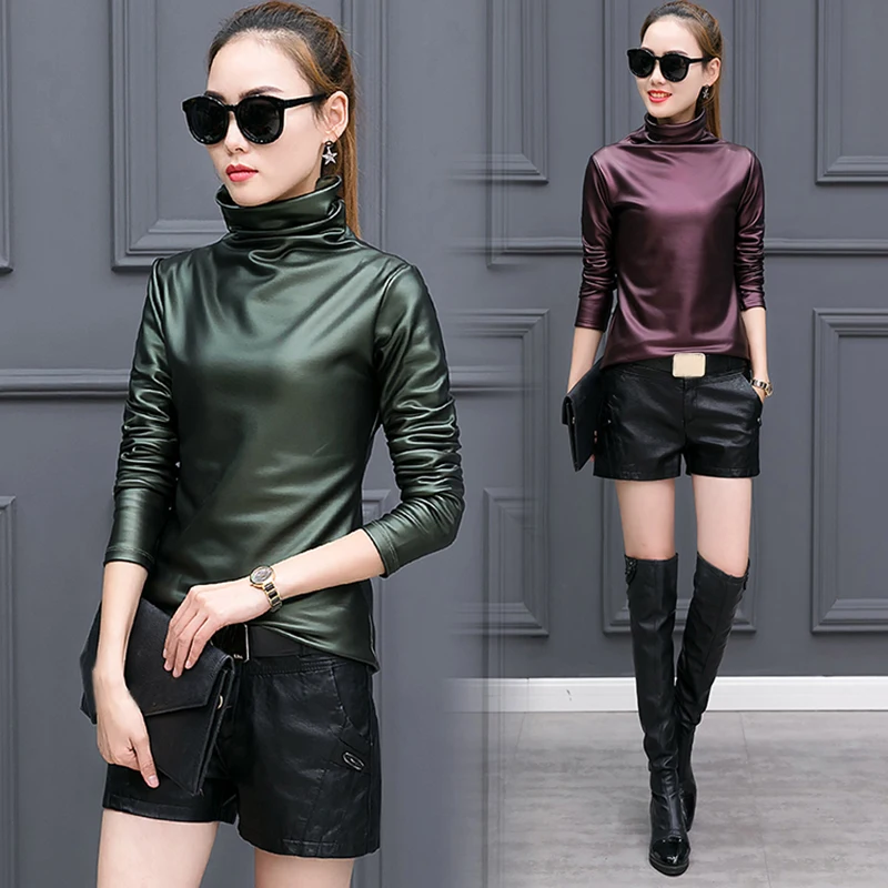 Large size 4XL punk turtleneck t-shirt comfortable PU leather t shirt women long sleeve velvet warm winter basic blusas shirts