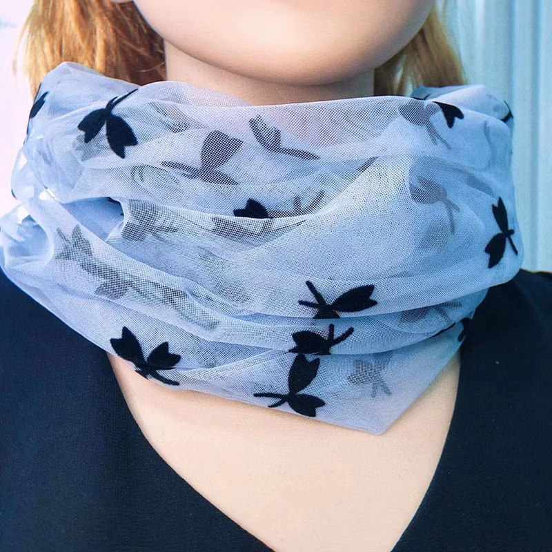 Fashion Flowers Print Flocking Mesh Women\'s Silk Scarf Summer Lace Long False Collar Neck Guard Pullover Sunscreen Scarves T92