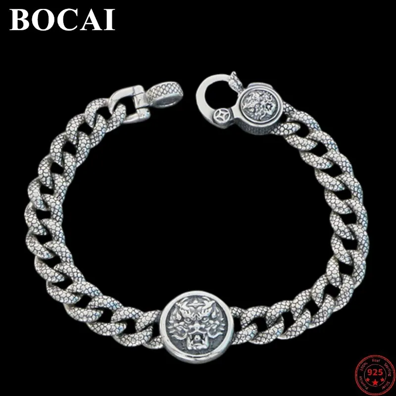 

BOCAI S925 Sterling Silver Bracelets for Men New Fashion Chinese Dragon Totem Dragon-scale Pattern Domineering Punk Jewelry