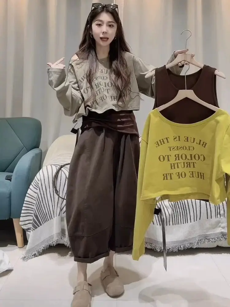 plus Size Casual Style Letter Print Long Sleeve T-Shirt Vest Two Piece Set Women Early Autumn Design Sensation Shoulder Barin...