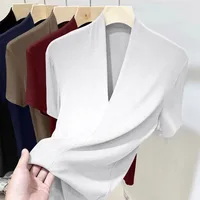 Threaded New Short Sleeved Top for Women Summer Fashion Versatile Base Shirt Plus Size Slim Fit V-neck T-shirt Casual and Sexy 4