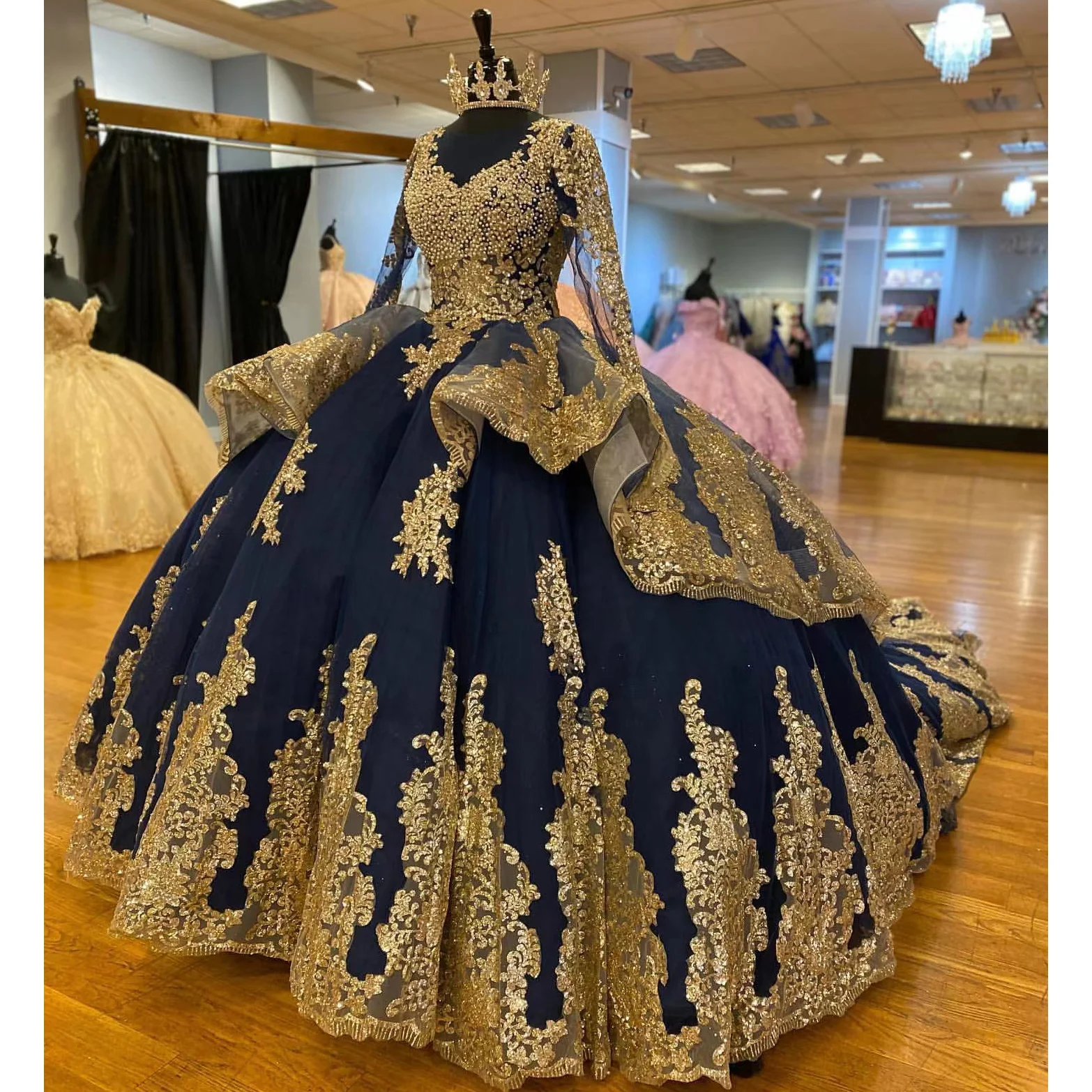 Vestido De quinceañera dorado De lujo, vestido De baile con cuentas, manga larga, Cenicienta dulce, 16 Vestidos, 15 Años, personalizado