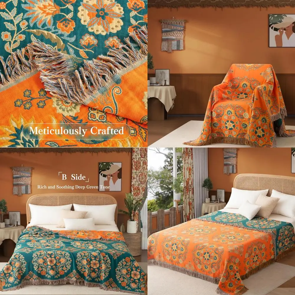

Twin Boho Cotton Muslin Quilt, Floral Vintage Tapestry for Bed & Sofa, Orange & Green