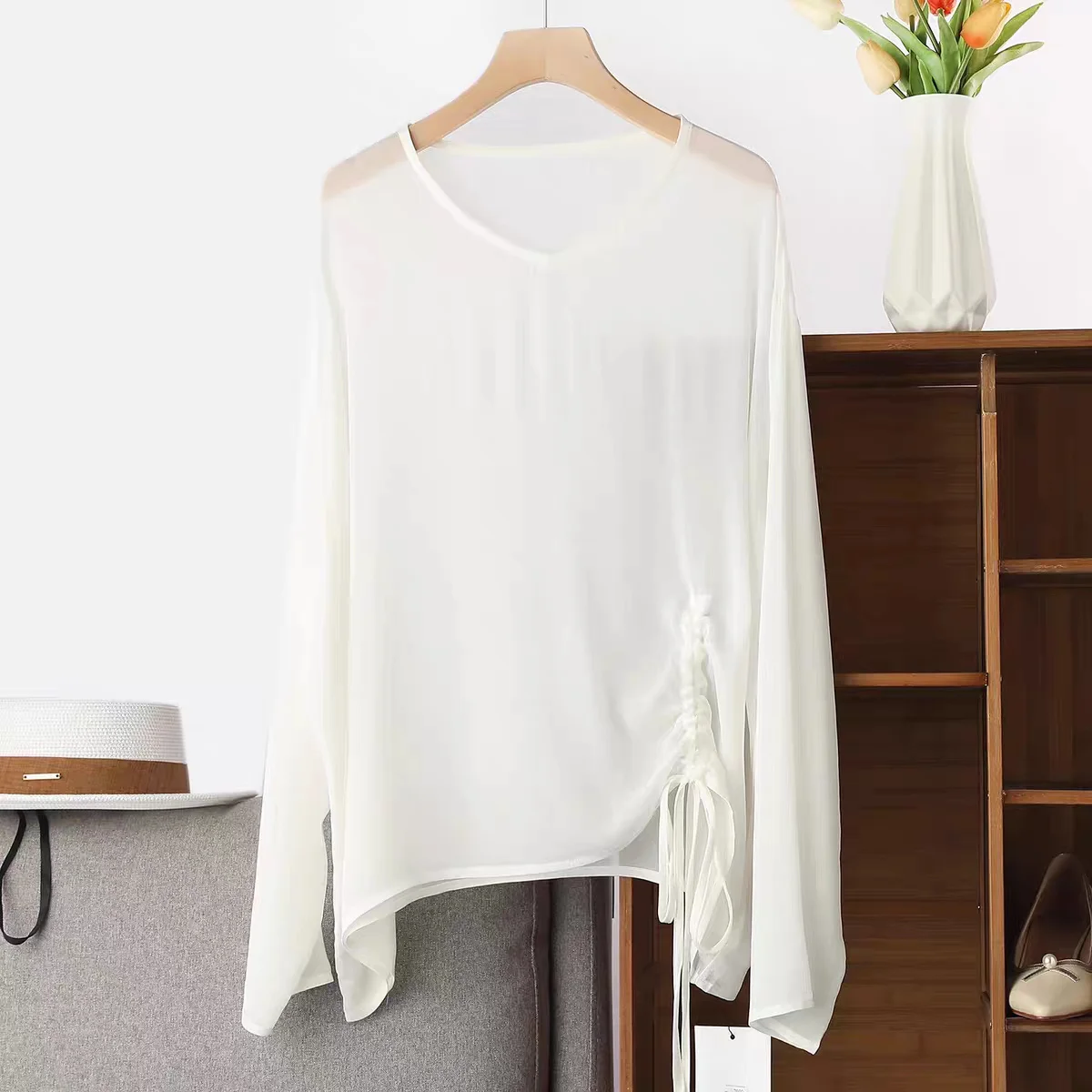 Women's plus Size Chiffon Blouse round Neck Drawstring Sheer Long Sleeve Sexy shirts Loose Casual Vintage Summer Top