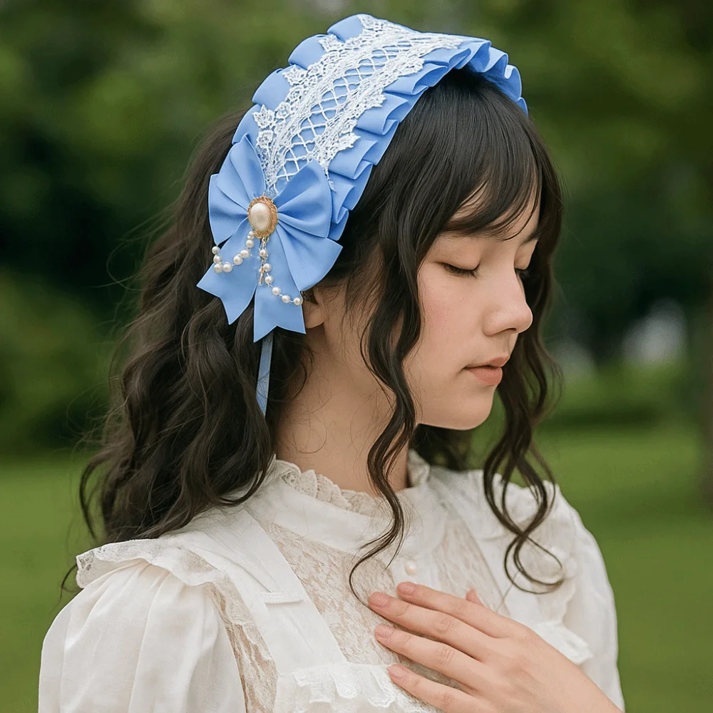 

Cute Sweet Lolita Lace Headband Pearl Ribbon Bow Ruffled Hairband JK Kawaii Maid Cosplay Headdress Cosplay