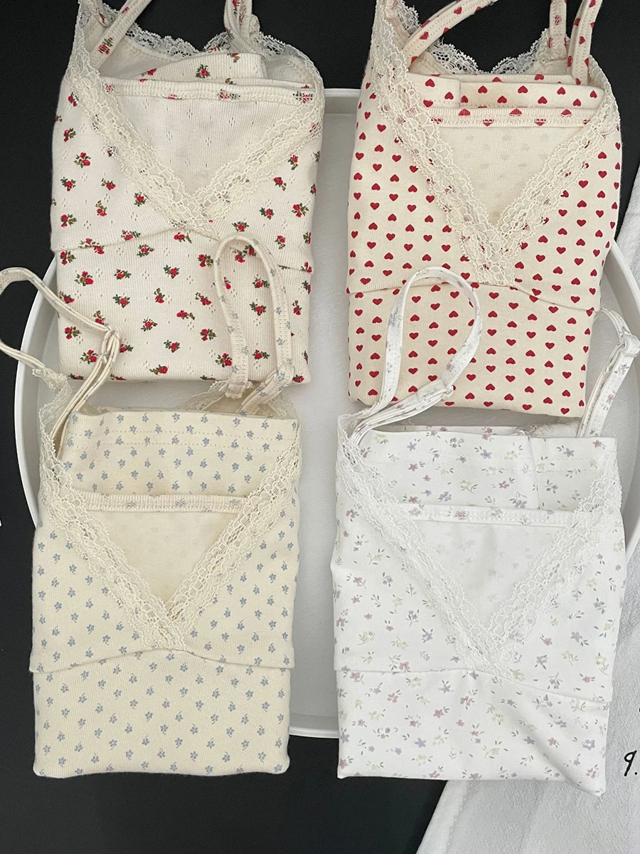 Floral Lace Trim Cotton Crop Tops Woman Summer Sexy V-neck Adjustable Strap Slim Tank Top Sweet Cute Preppy Style Camisole Y2k