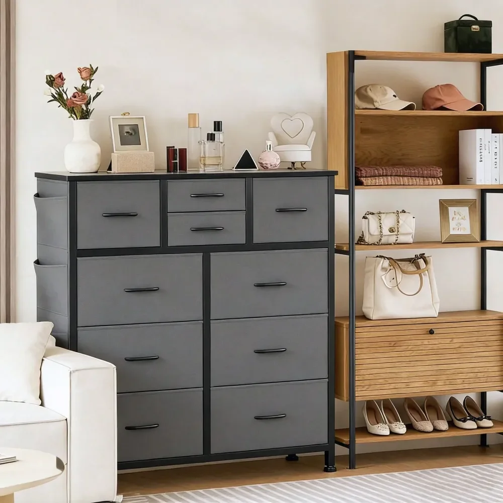 

10Drawer Dresser For Bedroom With Side Pockets Hooks, Wide Chest Of Drawers With Fabric Bins Metal Frame, Storage Organizer For