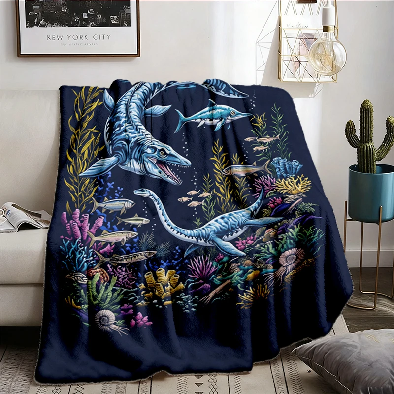 90s Ocean Dinosaurs Flannel Blanket - Men & Women's Unisex Graphic Flannel Blanket - Vintage Jurassic Flannel Blanket