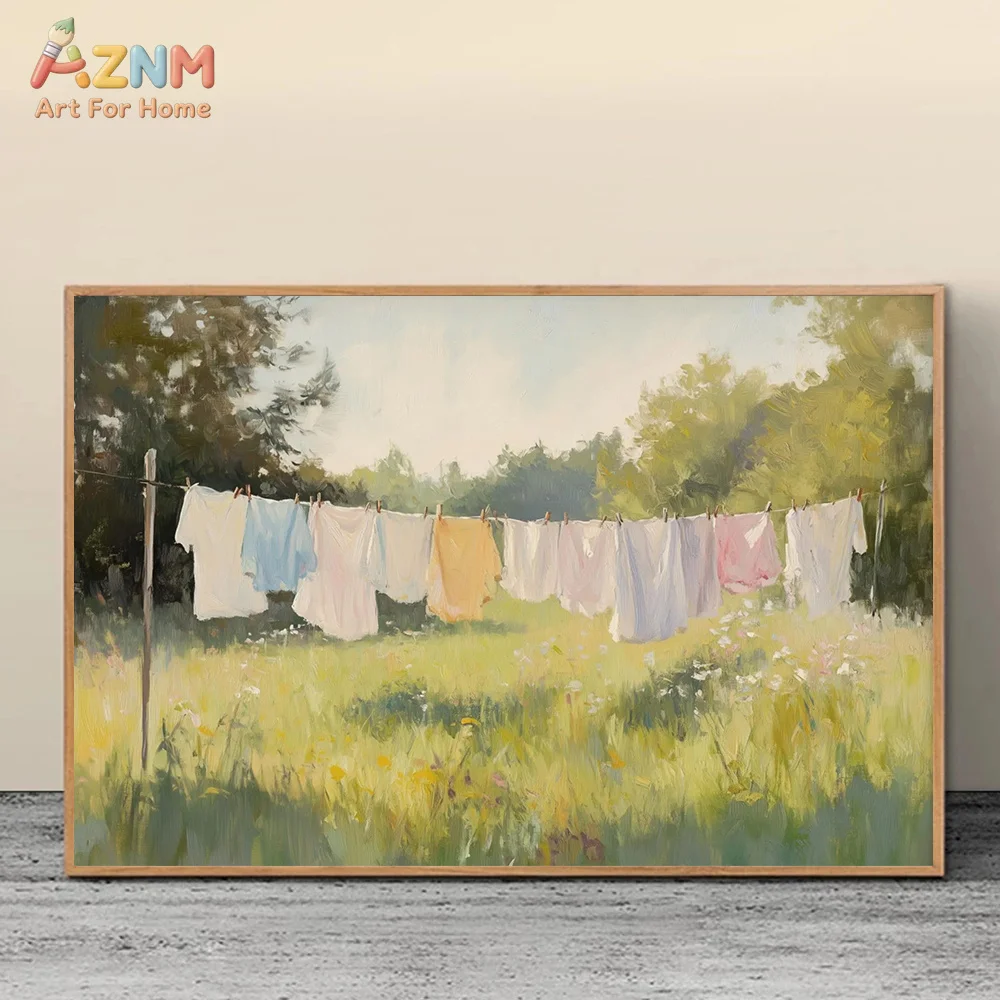 AZNM Vintage Laundry Oil Painting Canvas Print Country Garden Clothesline Wicker Basket Floral Soft Pastel Rural Scenery Wall Po