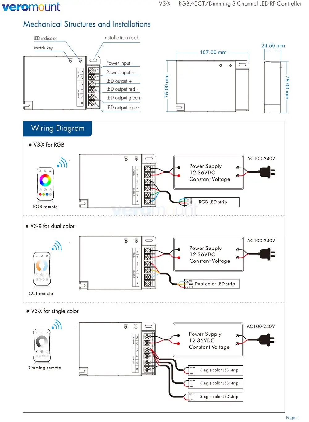 Skydance V3-X RGB LED Controller DC 12V 24V 3CH 10A 2.4G RF telecomando Wireless Dimmer CCT LED Strip Light Controller