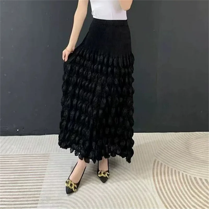 Miyake Women's Casual Bubble Pleated Skirt 2026 Summer New Japanese Design Solid Color Fashion Loose Street Wear Pleated Skirt