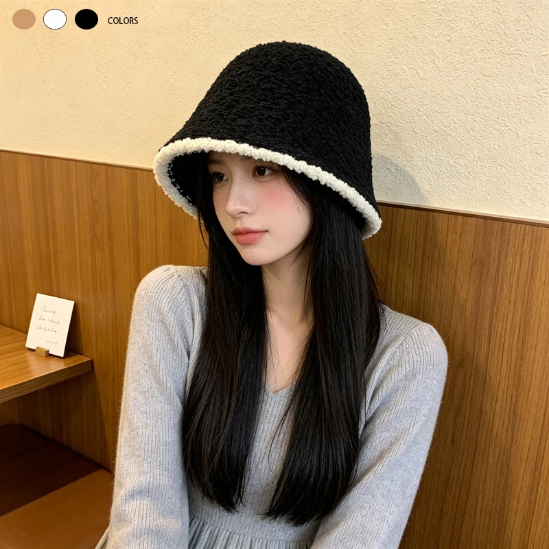 Women Teddy Fleece Bucket Hat Contrast Trim Plush Fisherman Cap Soft Warm Solid Color Cloche Hat for Autumn Winter Daily Wear