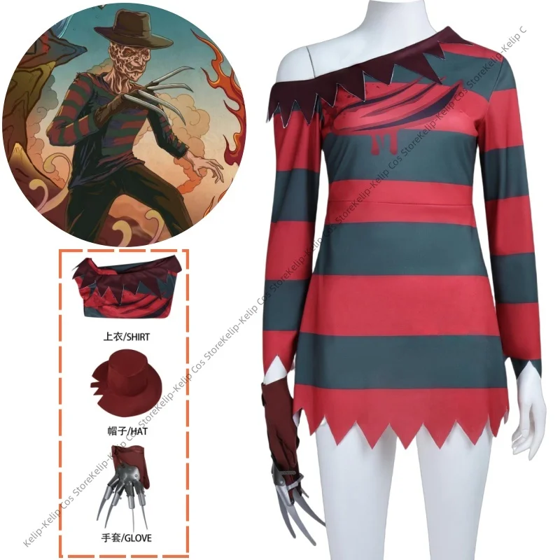 

Freddy Cosplay Costume Krueger Women Red Top Coat Hat Freddie Krueger Halloween Costume for Female