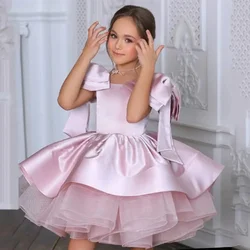 Vestido de menina flor com laço grande, vestido de baile de princesa com capa, vestidos de festa de aniversário para meninas, vestido de primeira comunhão com glitter