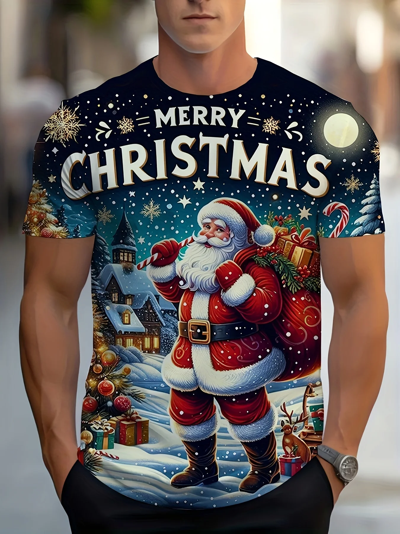 

Christmas men's shirt, snow train scene printed t-shirt, soft and durable fabric, fashionable and casual Christmas clothing