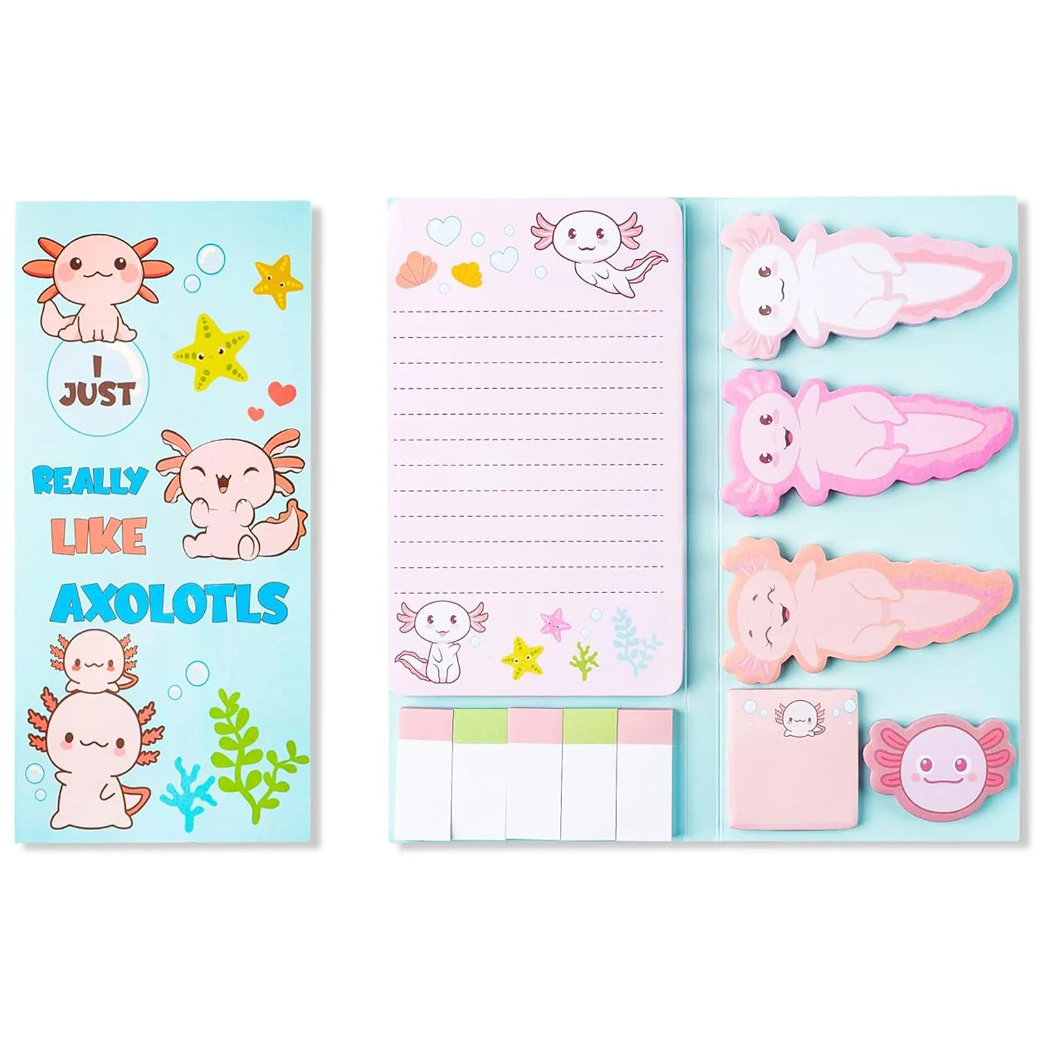 Ich mag Axolotl Haftnotizen-Set – Tierische mexikanische Laufende-Fische-Notizblöcke, Trennblätter, Marker, Schule, Büro, Geschenk