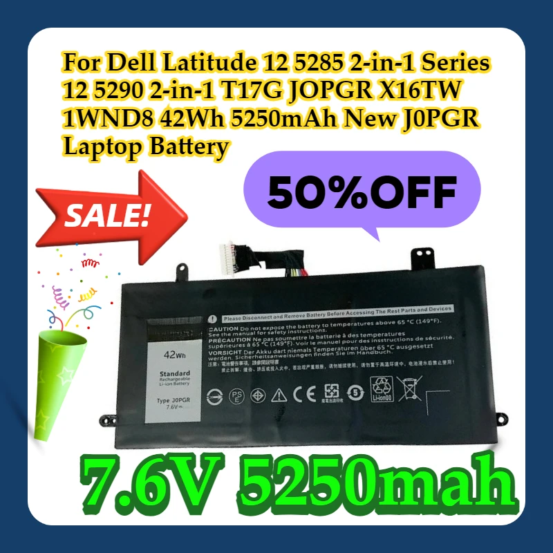 

For Dell Latitude 12 5285 2-in-1 Series 12 5290 2-in-1 T17G JOPGR X16TW 1WND8 42Wh 5250mAh New 7.6V J0PGR Laptop Battery