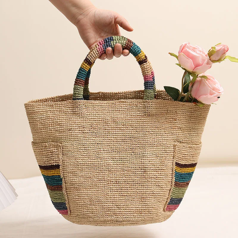 2026 New high-end raffia hand-woven straw bag, new colorful outer pocket grass woven bag, seaside vacation beach bag