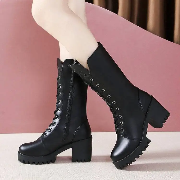 Autumn Shoes Woman Mid Calf Boots Winter Casual Platform Block High Heels Boots Female Lace Up Zipper Ladies Leisure