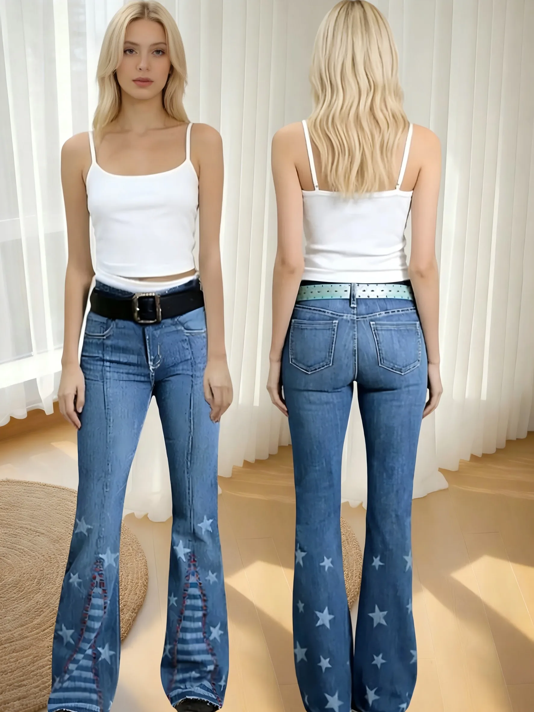 【HME】Jeans | Retro American Denim Pants, Women Flare‑Cut Denim Pants With Star Pattern & Contrast Striped Panel, Light Blue Washed Fabric, Figure‑Flattering Design For Casual Outfits
