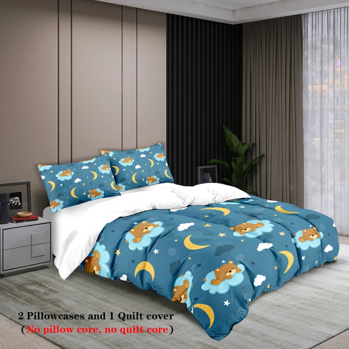 3pcs Cartoon Teddy Bear Print Coreless Bedding Set Comfortable, Multi Size Bedroom and Dormitory Duvet Covers Machine Washable