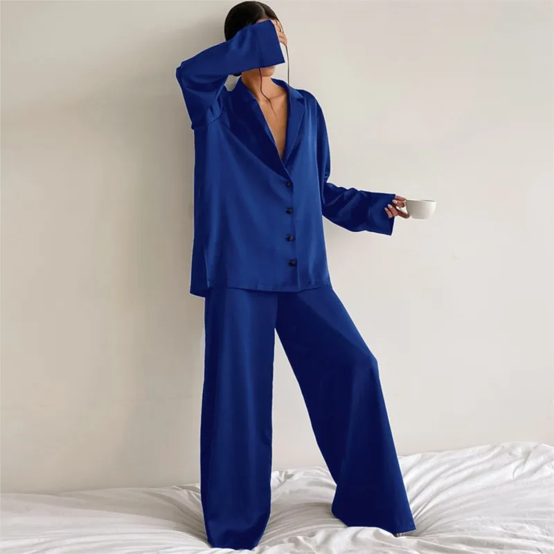 

Sexy Low Cut Fashion Pajamas Set for Women Loose Casual Long Sleeve Trouser Suits Solid Satin Silk Female Home Fitted Tops 2-Pce