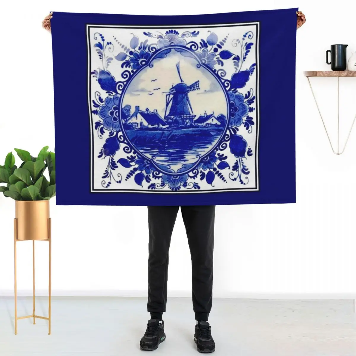

DUTCH BLUE DELFT : Vintage Windmill on River Print Throw Blanket Luxurious Soft Blanket Holiday Gift for Family