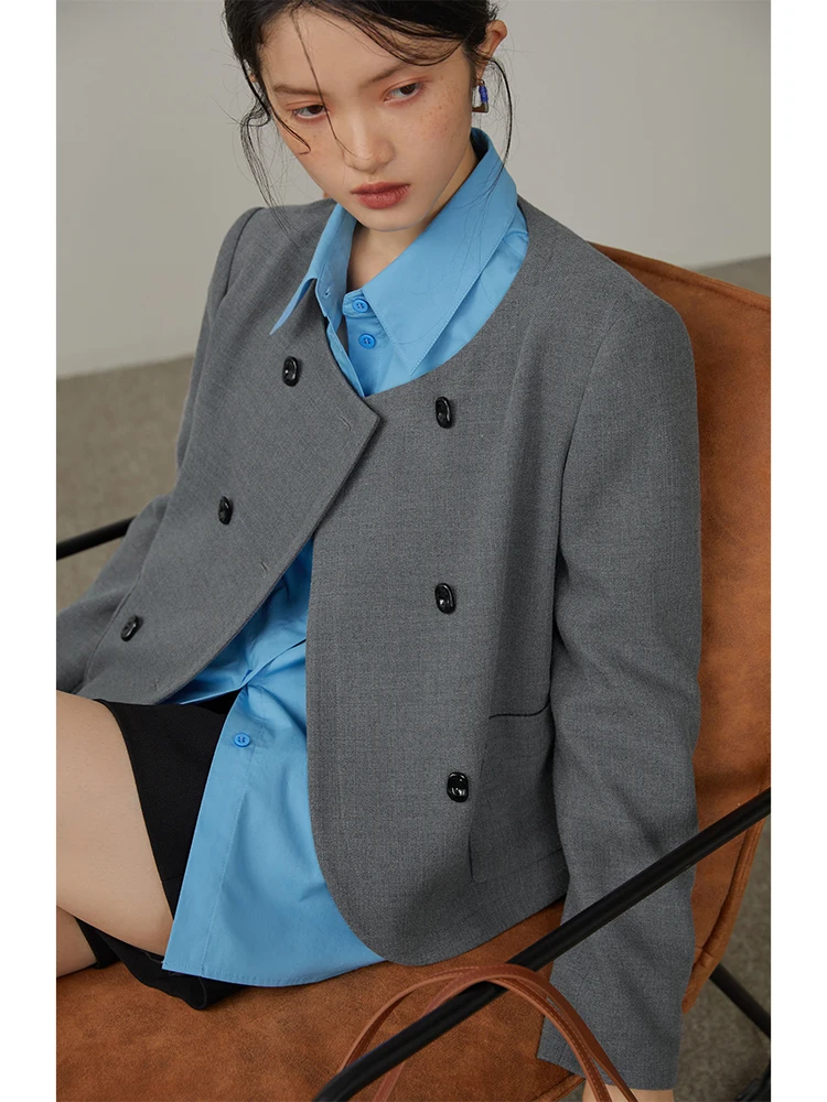 ZIQIAO Retro Gray Small Suit for Women Design Sense 2023 Spring New Temperament High-end Thin Short Jacket Coat for Female