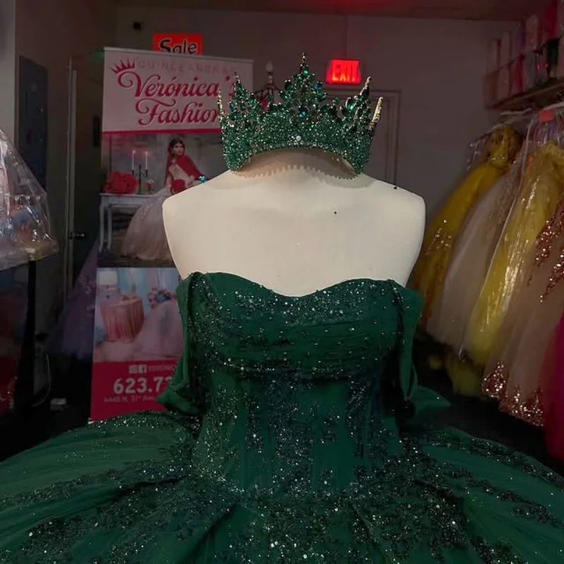 

Customized Shiny Green Quinceanera Dresses Off the Shoulder sequin applique layering Long tail Bow Vestido De 15 Quinceanera