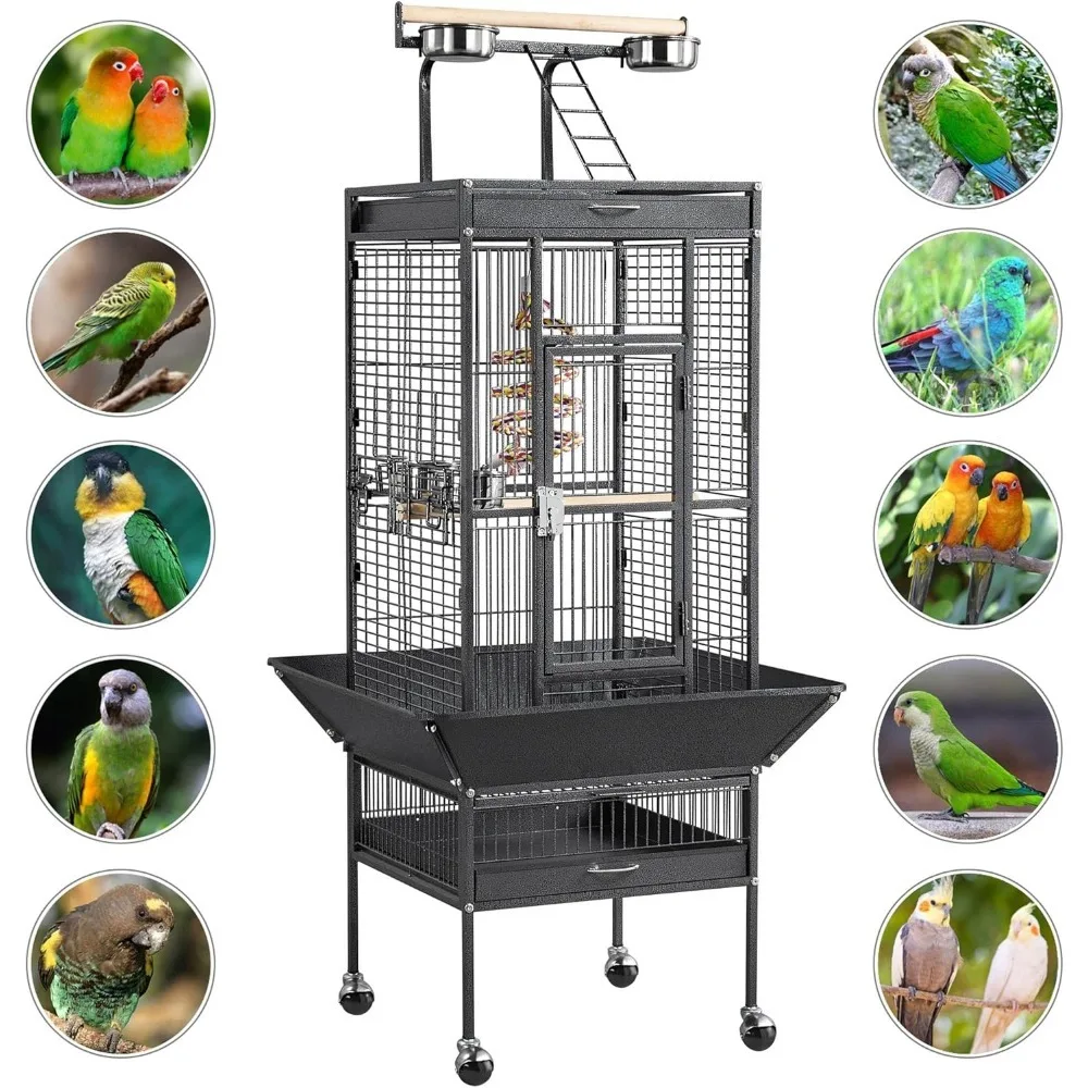 Large and medium-sized parrot cage with rolling support, black iron, 61 inch