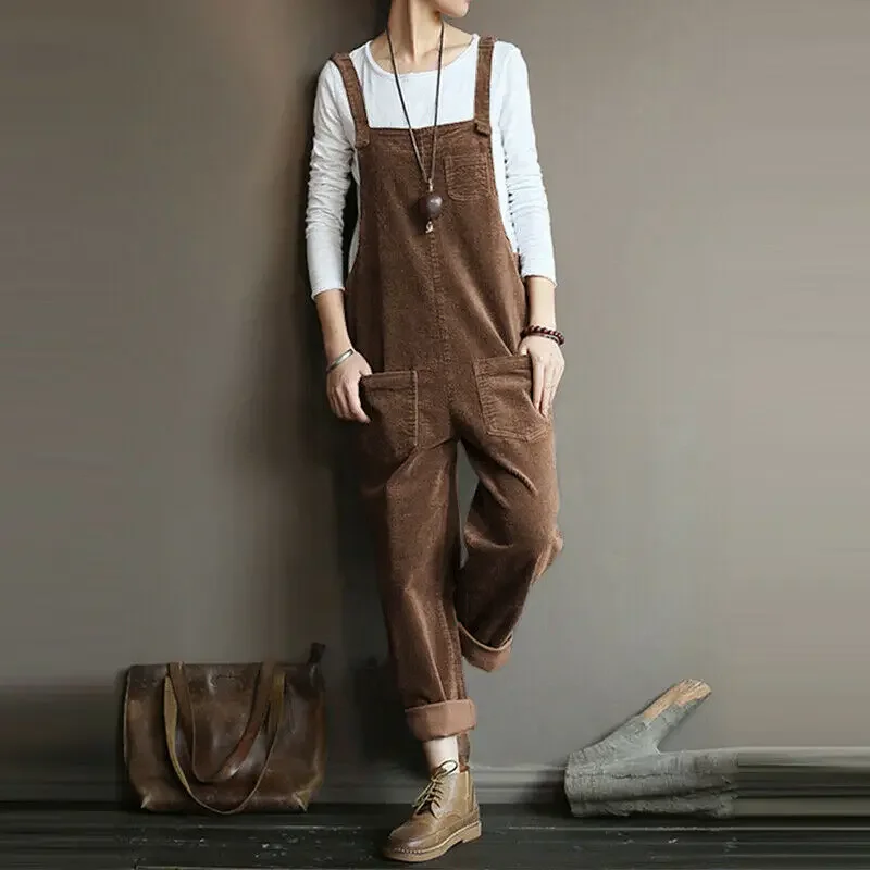 Vintage Corduroy Jumpsuits Women's Autumn Pants 2025  Casual Suspender Wide Leg Playsuits  Rompers Trousers