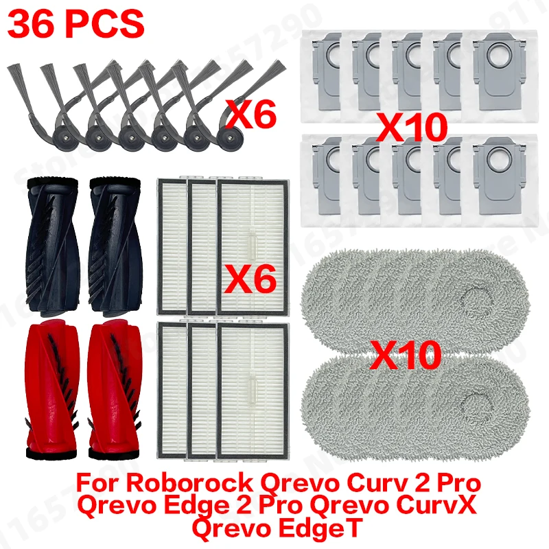 Hoofdborstel, zijborstel, dweil, stofzak, filter en accessoires voor Roborock Qrevo Curv 2 Pro, Qrevo Edge 2 Pro, Qrevo CurvX en Qrevo EdgeT.