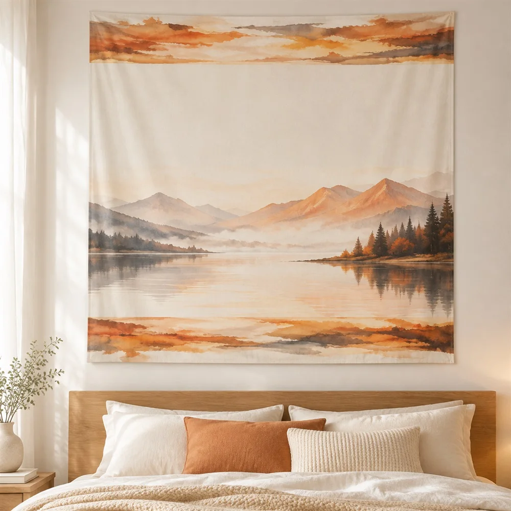 VIKAMA Watercolor Landscape Tapestry Wall Hanging, Misty Mountain Wall Art, Scenic Decor for Living Room Bedroom Study Entryway