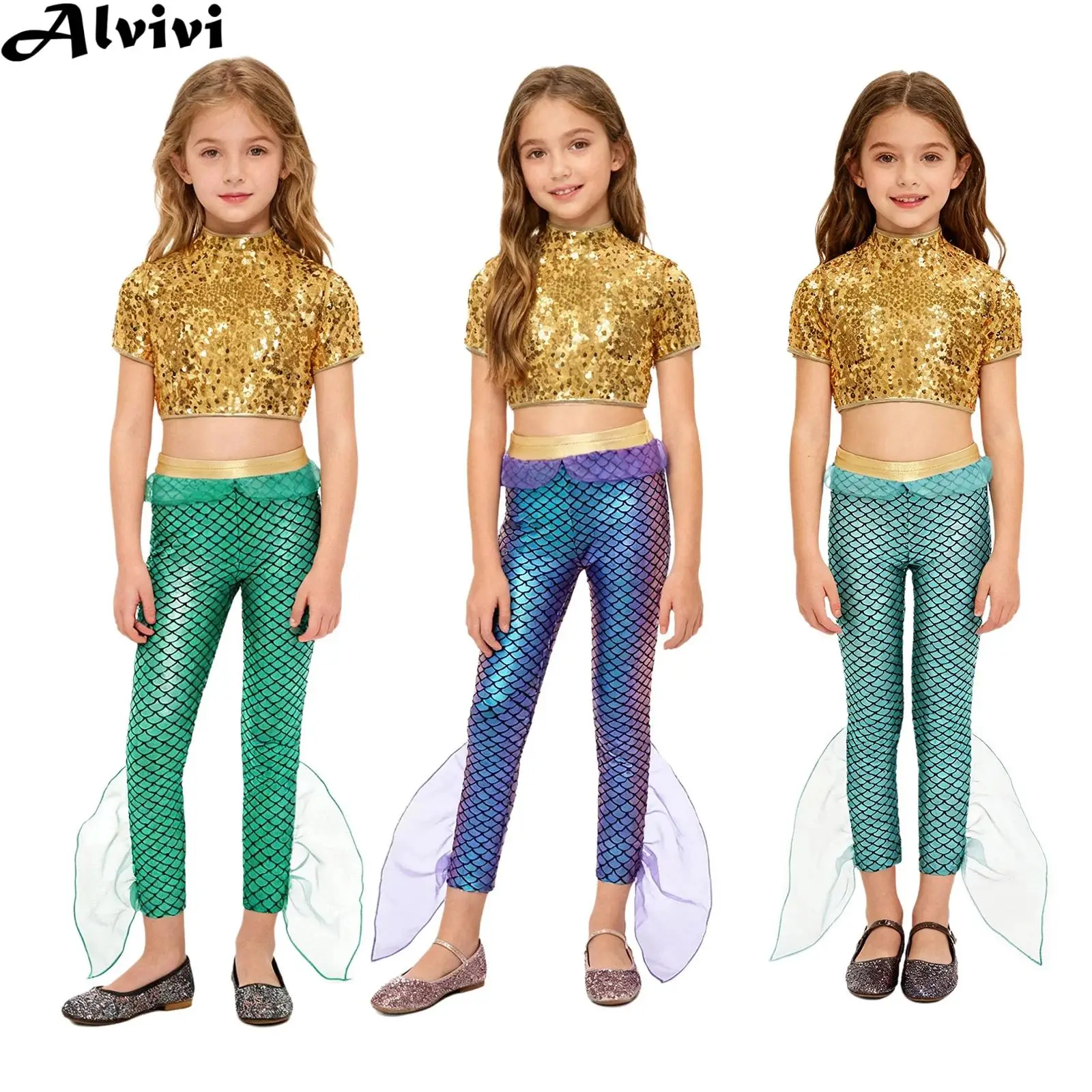 

Детский укороченный топ с блестками для джазовых танцев и брюками с принтом рыбьей чешуи, карнавальный костюм русалки на Хэллоуин, королева моря, карнавальный костюм