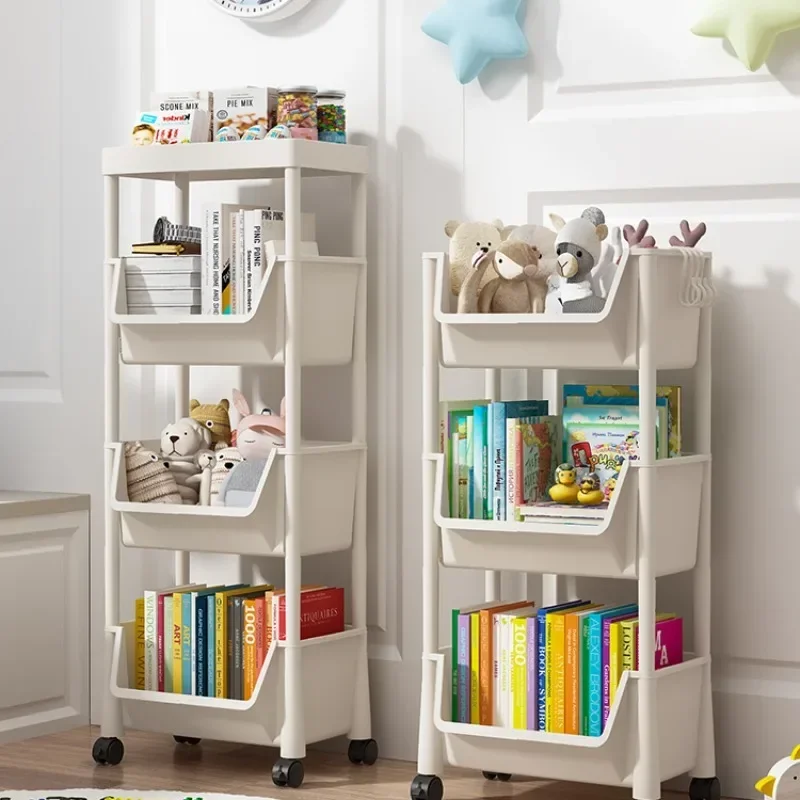 

Movable bookshelf storage rack for children's toys Multi-storey household trolley wheeled landing simple bookcase