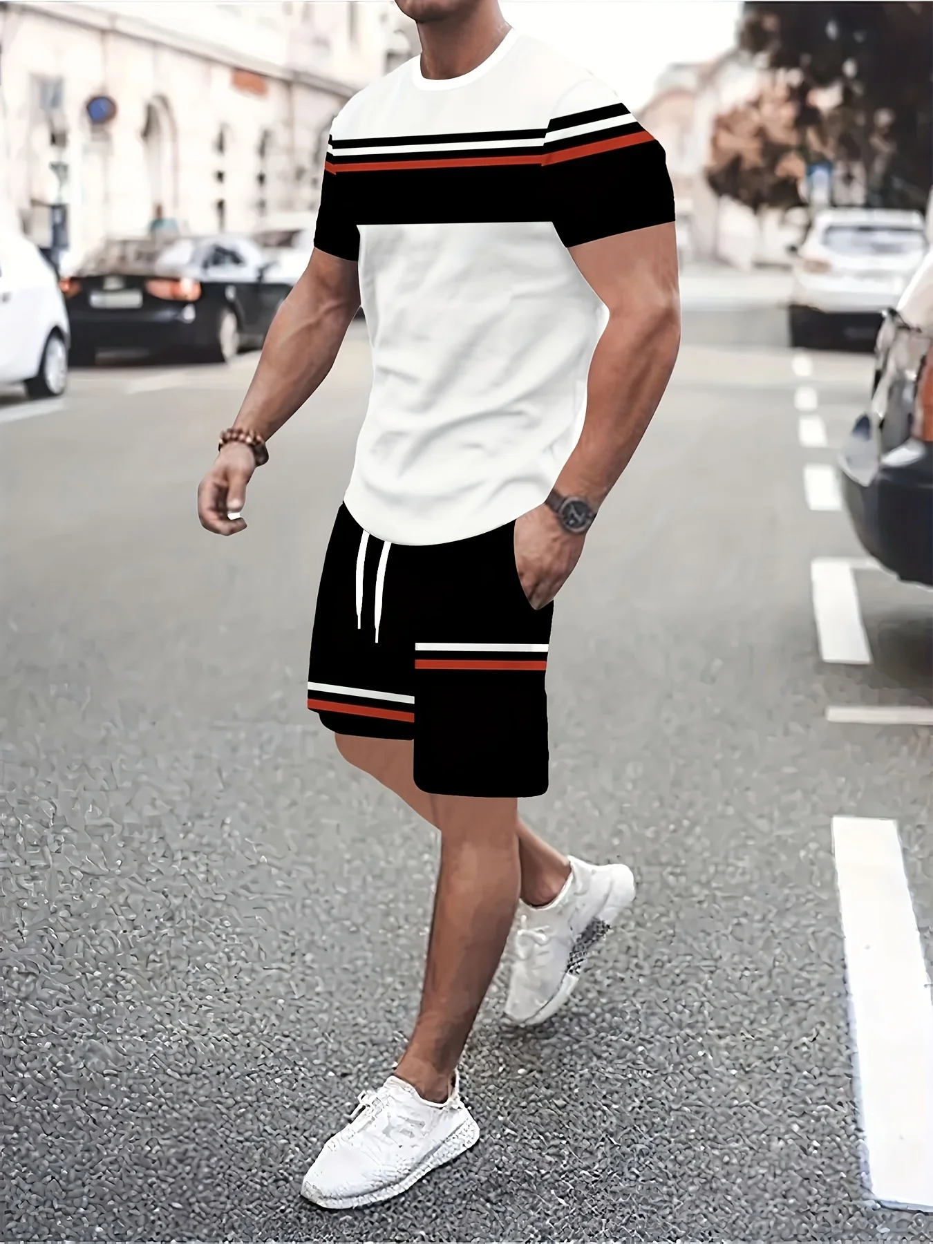 

T-shirt Set 3D Digital Print Short Sleeve T-shirt Set Fashion Round Neck Top Kangaroo Big Pocket Casual Daily Wear Outdoor Sport
